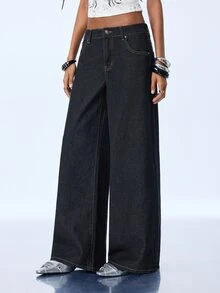 Y2Kool Women's Rivet Design Pocket Wide Leg Loose Casual Denim Jeans - Navy Blue - View 4