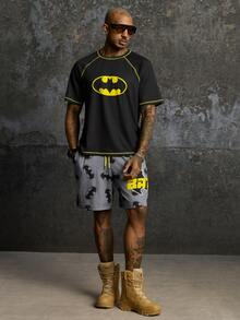 BATMAN X SHEIN Men's Summer Casual T-Shirt & Bat Print Shorts Set - Black - View 4