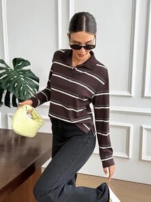 SHEIN Frenchy Women's Fall Brown And White Striped Oversized Sweatshirt  Back ToSchool Korean Style Versatile Y2k Casual,Street Style,Sporty Winter Daily Commuting - Multicolor - View 3