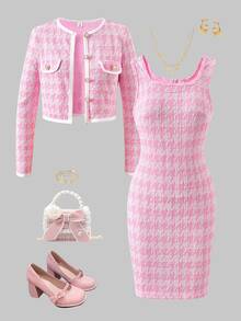 2pcs/Set Teen Girl Party Prom Holiday Formal Dinner Travel Summer Pink Plaid Contrast Trim Jacket Cami Dress Set Fleece Lined Thickened Elegant Cute - Pink - View 5