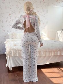 CottageSlumber Sweet Lace Trim Square Neck Bow Ditsy Floral One-Piece Pajamas Women's Loungewear - White - View 3