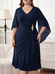 SHEIN Clasi Plus Size Elegant Commuter Rhinestone Decorated Ruffle Hem Dress - Navy Blue - View 4