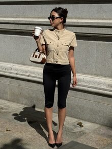 Flirla Jaket Wanita Musim Gugur/Dingin Warna Hijau Khaki Pendek Bahan Korduroi dengan Kancing Logam dan Kantong Serbaguna, Lengan Pendek, Gaya Kasual Sehari-hari Era 90-an - Khaki - View 3