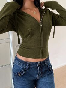 SHEIN EZwear 秋季新款復古運動連帽拉鍊修身夾克 - 軍綠色 - 查看 7