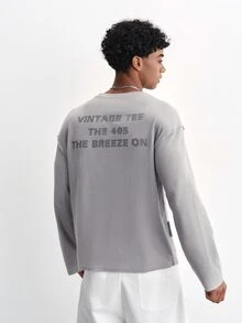 TOKVUE Men's Casual Commuter Versatile Gray Textured Letter Print Crew Neck Long Sleeve T-Shirt - Grey - View 3