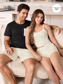 CoupledUp Men's Heart Print Front Pocket Crew Neck Casual Pajama Set, 2 Pieces - Black - View 7