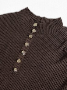 LUMIGAL Women's Metal Button High Neck Brushed Ribbed Straight Long Sleeve Loose Mid-Length Dress Casual Commute - Brown - View 6