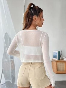 SHEIN EZwear 女款極簡百搭前綁帶長袖針織開襟衫 - 白色 - 查看 2