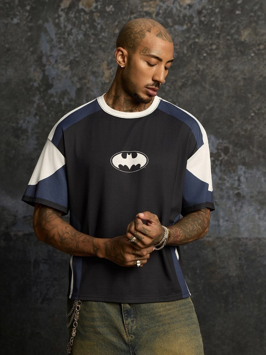 BATMAN X SHEIN Men's Summer Casual Colorblock Patchwork Bat Print T-Shirt - Black - View 1