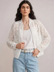 SHEIN Uhlyne Women's Elegant Fashion Hollow Embroidery Front Zipper Opening Small Stand Collar Long Sleeve Jacket, Fashionable Elegant Design Commuter Outfit White Top - White - View 5