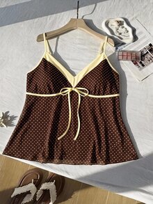 Comfortcana 春夏波點拼色拼接前綁帶蝴蝶結休閒可愛大尺碼細肩帶背心上衣 - 棕色 - 查看 9
