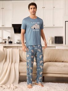 CoupledUp Men's Knit Crew Neck Short Sleeve Long Pants Star & Moon Print Pajama 2 Pieces Set - Multicolor - View 2