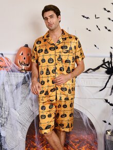 CoupledUp Cartoon Halloween Element Print Faux Silk Men's Pajama Set - Orange - View 6