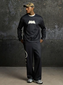 BATMAN X SHEIN Men's Crew Neck Long Sleeve Pullover Sweatshirt And Letter Print Contrast Color Long Pants Set - Black - View 4