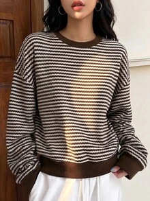 Modelyn 女款條紋圓領寬鬆落肩羅紋下擺休閒日常通勤百搭衛衣，秋冬款 - 彩色 - 查看 1