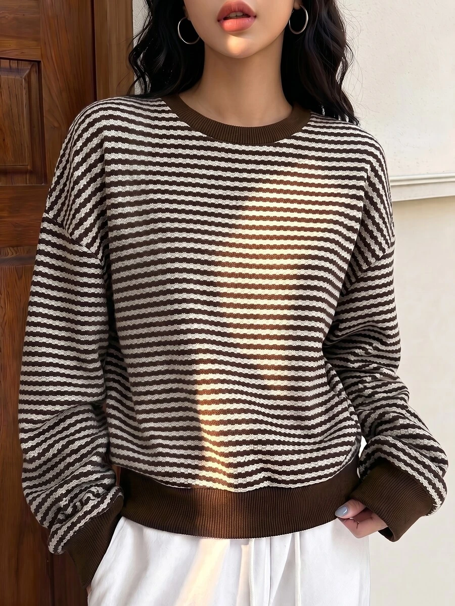 Modelyn 女款條紋圓領寬鬆落肩羅紋下擺休閒日常通勤百搭衛衣，秋冬款 - 彩色 - 查看 1