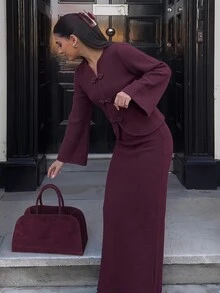 Aloruh Women's Ruyi Button Knit Sweater & Skirt Set - Burgundy - View 3
