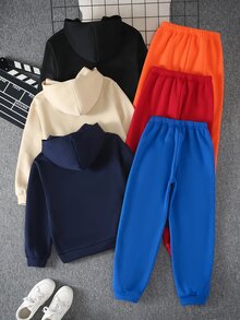 SHEIN 6件組兒童青少年男孩休閒日常百搭舒適遊戲機印花圖案連帽套頭鬆身運動衫與鬆身慢跑褲針織兩件套 抓絨內裡加厚運動套裝 - 彩色 - 查看 2