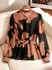 SHEIN Clasi 大尺碼花卉印花百褶長袖百搭女式襯衫 - 橘色 - 查看 2