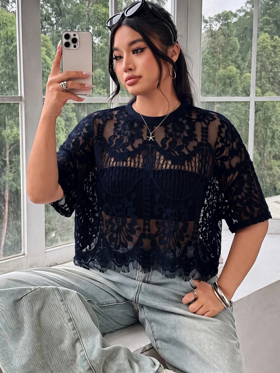 SHEIN EZwear 大尺碼女款性感蕾絲鏤空辣妹上衣 - 藏蓝色 - 查看 1