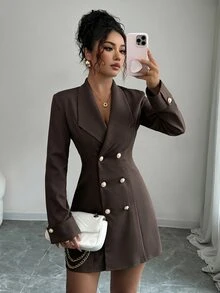SHEIN Unity فستان قصير أنيق بسيط باللون البني الداكن منسوج بأكمام طويلة وأزرار أمامية مزدوجة، مناسب لحفلات المساء والمكتب، الخريف - قهوة بني - مشاهدة 5