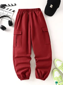 SHEIN Little Byeori 青少年男孩大口袋 3D 寬鬆工裝褲，適合通勤、上學、日常休閒、度假、旅行、運動，四季皆宜 - 紅色 - 查看 2