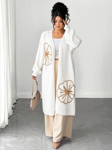 Elenzga Plus Size Women's Floral Print Casual Versatile Daily Wear Cardigan - Beige - View 5