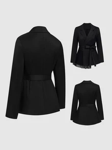 GlowEve CURVE Plus Size Women's Tie Waist Black Contrast Mesh Blazer - Black - View 4