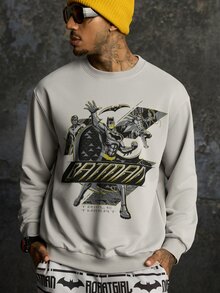 BATMAN X SHEIN Men's Cartoon Print Pullover Sweatshirt And Letter Print Pants Set - Grey - View 6