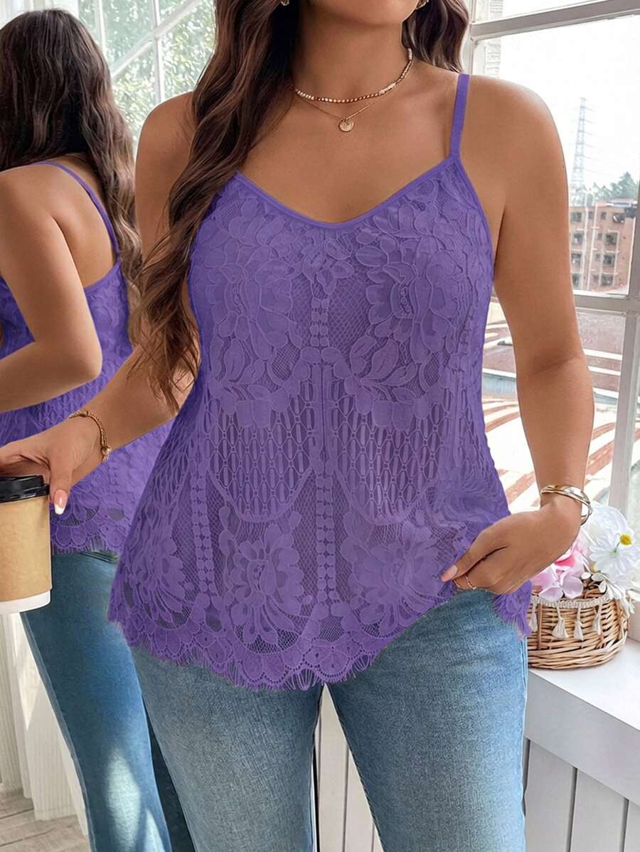 Reflora Plus Size French Lace Camisole Tank Top, Vacation & Street Style - Purple - View 1