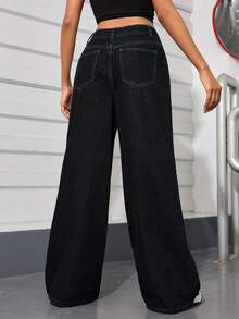 SHEIN PETITE Casual Washed Wide Leg Denim Jeans - Black - View 2