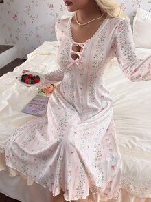 CottageSlumber Camisón de manga larga con lazo floral - Albaricoque - Ver 5