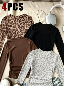 (4件組) 秋季女款休閒時尚極簡風黑色咖啡棕素色米色棕色灰色豹紋基本款收腰長袖T恤 - 彩色 - 查看 2