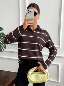 SHEIN Frenchy Women's Fall Brown And White Striped Oversized Sweatshirt  Back ToSchool Korean Style Versatile Y2k Casual,Street Style,Sporty Winter Daily Commuting - Multicolor - View 1
