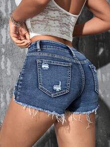 SHEIN PETITE Celana Pendek Denim Kasual Wanita dengan Saku dan Ujung Bawah yang Robek - Medium Wash - View 2