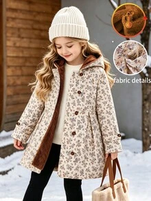 Elladie kids 女童秋冬淺杏色法式鄉村復古拼接咖啡棕抓絨內裡連帽長袖中長款風衣 - 棕色 - 查看 12