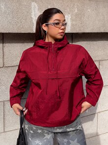 Muchica Plus Size Women's Solid Color Half-Zip Hooded Long Sleeve Jacket Autumn Club Office Red Smart Casual Sport - Red - View 5