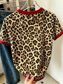 Resyla Leopard Print Color-Block Printed Casual Women's Crew Neck T-Shirt, Suitable For Summer - Multicolor - View 2