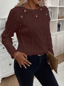 EMERY ROSE Sweater Kasual Wanita Musim Gugur/Dingin, Warna Polos, dengan Hiasan Kancing - Coklat - View 5