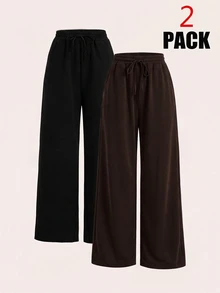 SHEIN EZwear 2件組大尺碼女款腰部綁帶寬腿長褲 - 棕色 - 查看 1