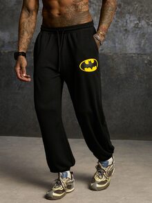 BATMAN X SHEIN Men's Drawstring Waist Pocket Casual Versatile Daily Travel Long Pants - Black - View 1