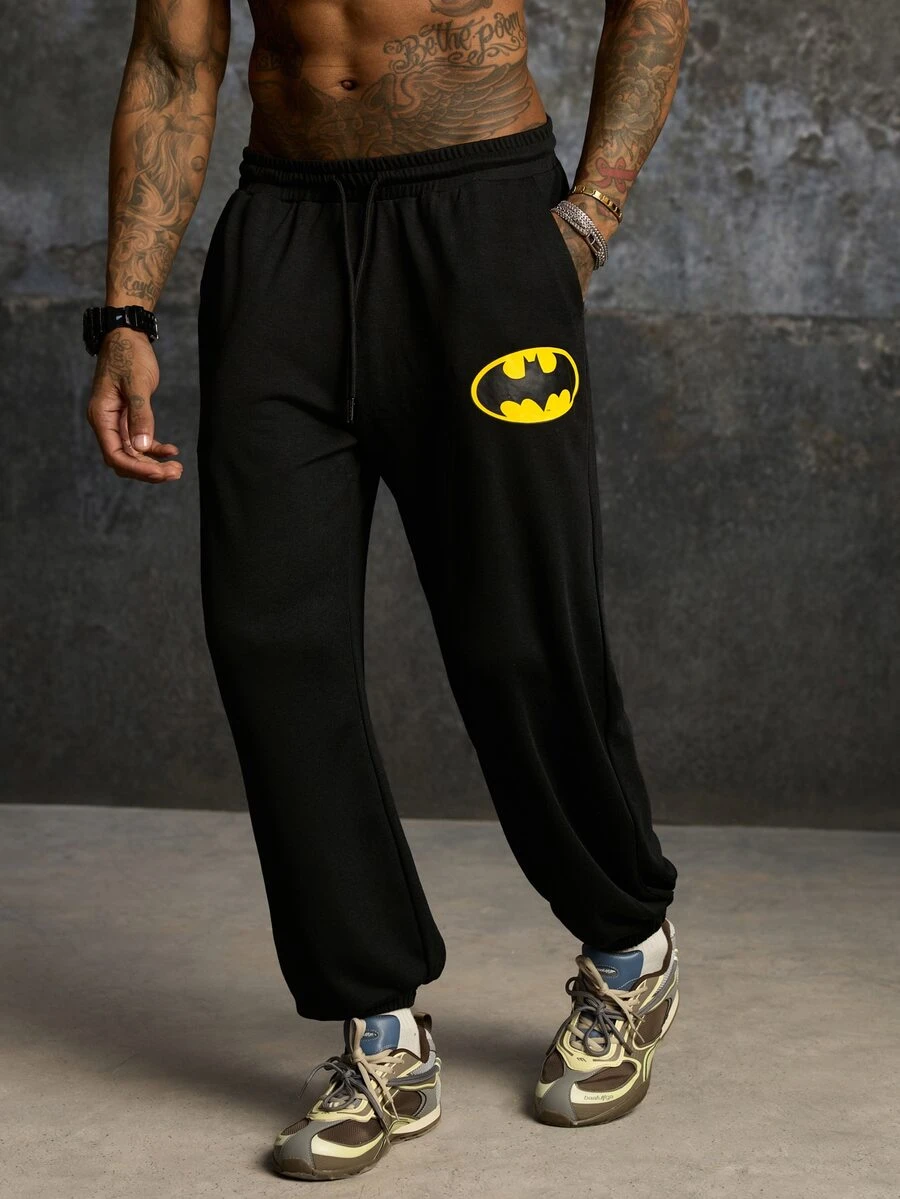 BATMAN X SHEIN Men's Drawstring Waist Pocket Casual Versatile Daily Travel Long Pants - Black - View 1