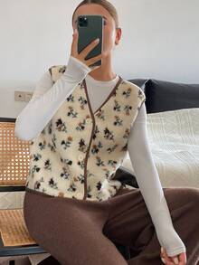 Livesso 女款秋冬休閒碎花無袖外套 - 米色 - 查看 4