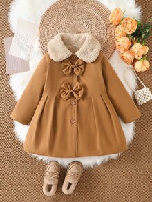 SHEIN 1件少女款毛絨領結裝飾保暖內裡風衣，秋冬保暖中長版外套 - 彩色 - 查看 4