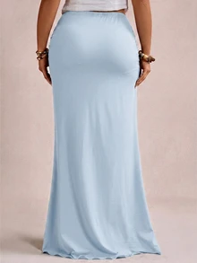 Freevana Rok Rajut Maxi A-Line Pas Badan Ukuran Besar untuk Musim Gugur/Dingin, Elegan, Romantis, Vintage, dan Pesta - Baby Blue - View 2