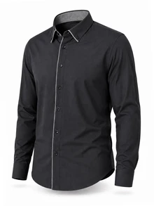 Manfinity Mode Men's Business Casual Design Patchwork Small Check Long Sleeve Shirt - Black - View 4