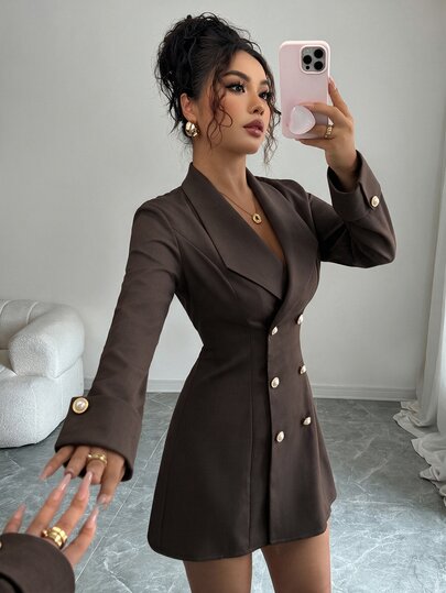 Allurite Minimalist Elegant Coffee Brown Woven Long Sleeve Double-Breasted Button-Front Short Dress, Suitable For Evening Parties, Sister Gatherings, Night Dates