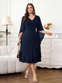 SHEIN Clasi Plus Size Elegant Commuter Rhinestone Decorated Ruffle Hem Dress - Navy Blue - View 3