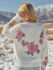 SHEIN Franclia Soft Pink Floral Print V-Neck Dropped Shoulder Long Sleeve Sweater - White - View 2