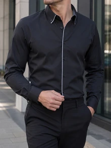 Manfinity Mode Men's Business Casual Design Patchwork Small Check Long Sleeve Shirt - Black - View 3